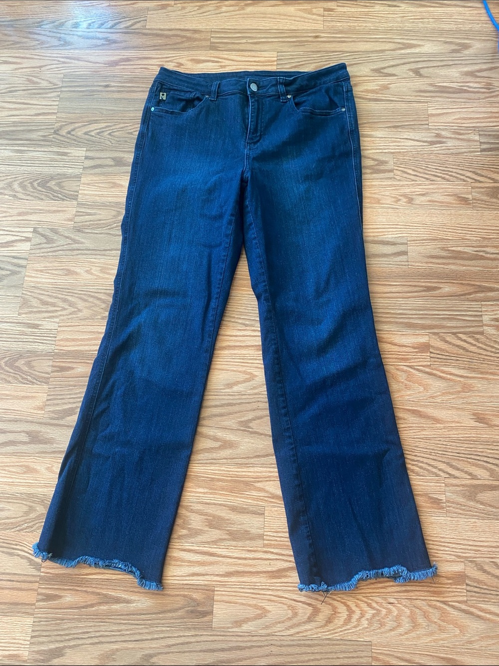 Belle by Kim Gravel Dark Blue Bootcut Jeans with Frayed Hem-12